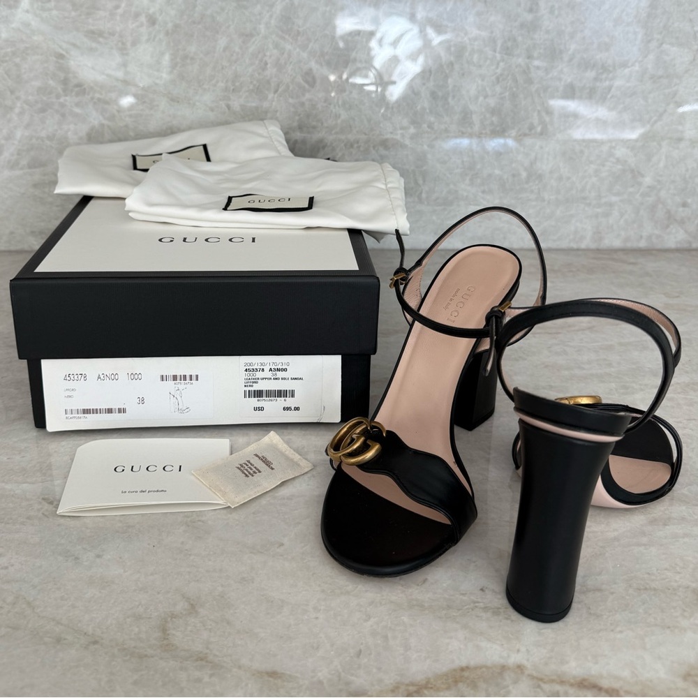 Gucci Black Heeled Sandals with Gold Accent 38